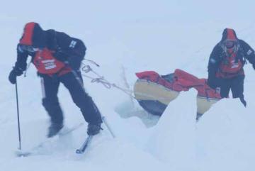 Skiing in a white mist, we bumped into a pressure ridge.